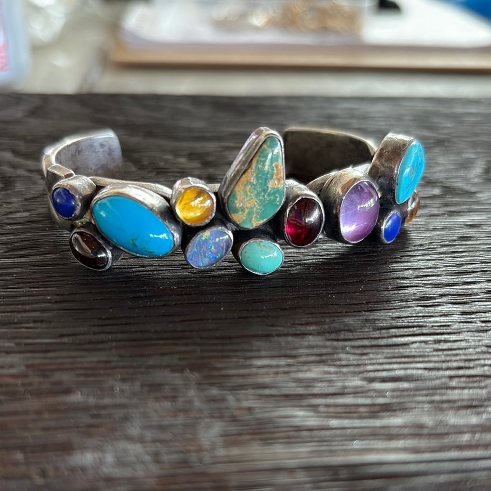 Native American Navajo Nakai sterling Multi Gemstone Silver Cuff Bracelet OS